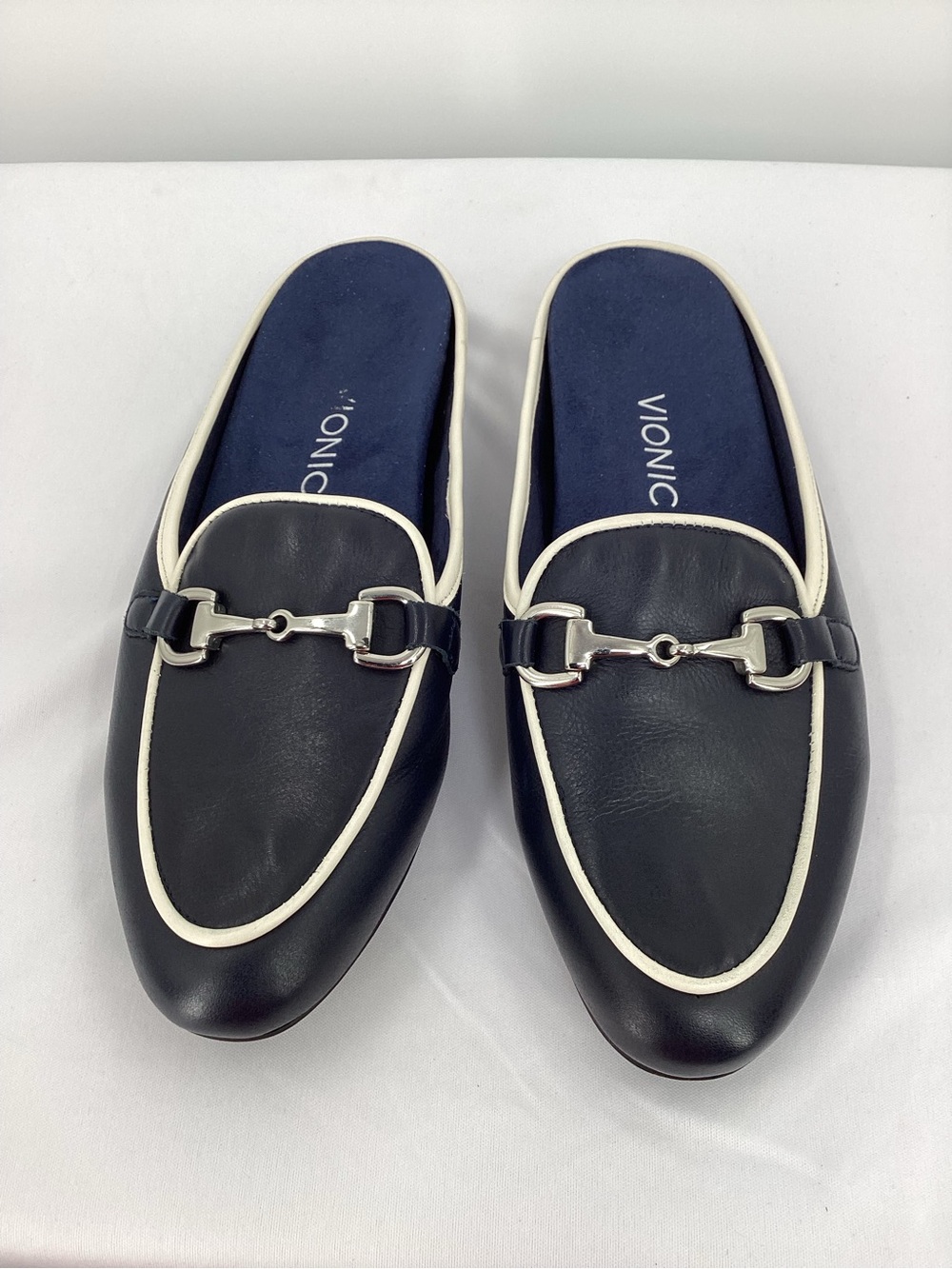 Vionic Adeline Navy And White Loafer Mules With Silver Bit